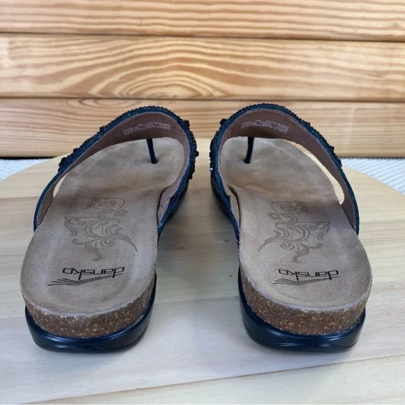 Dansko Womens Slide Sandals Pamela 38 EUR Black Leather Beaded Thong Summer Shoe - Picture 4 of 11